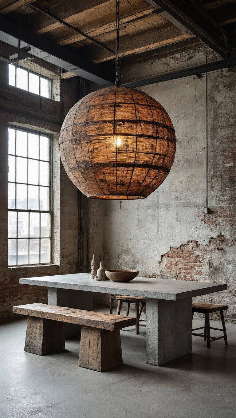 Wide-angle view of an industrial-zen loft dining area with a large wabi sabi pendant made from reclaimed materials, highlighting aged metal, salvaged wood, and rough concrete textures in afternoon natural light.