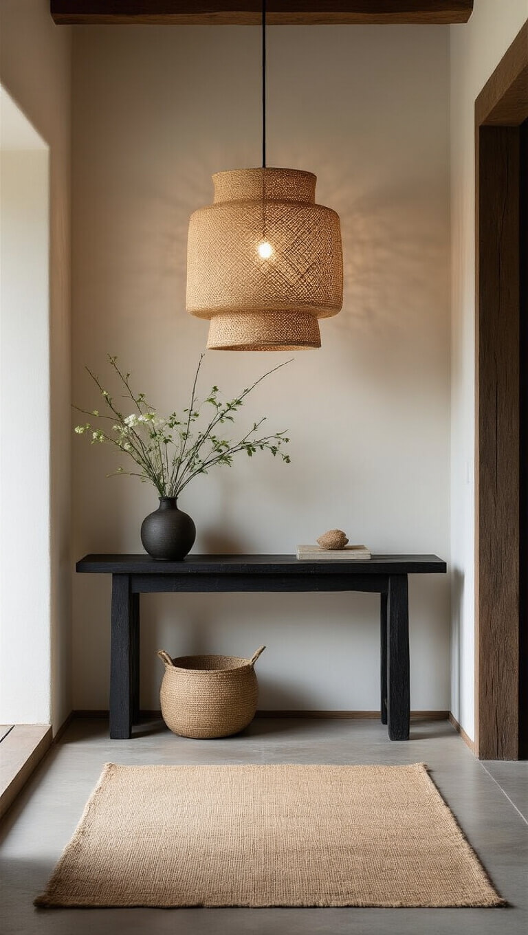 Wabi sabi pendant light over blackened oak console with ikebana, in textured 9x11ft entryway with natural fibers and morning light.