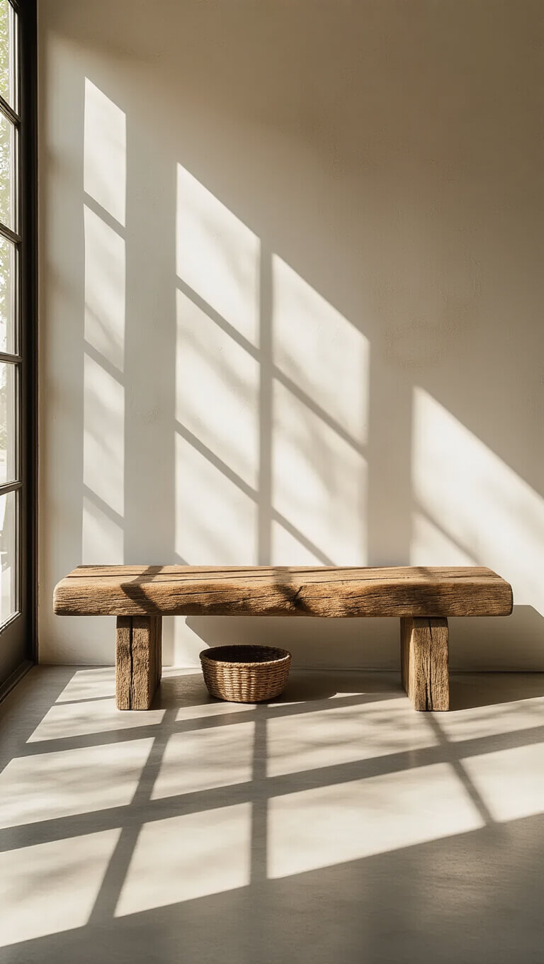 Low-angle view of a 6ft reclaimed barn beam bench in a minimalist 14x16ft sunlit entryway with concrete floors, textured white wall, and morning light casting shadows through tall windows.