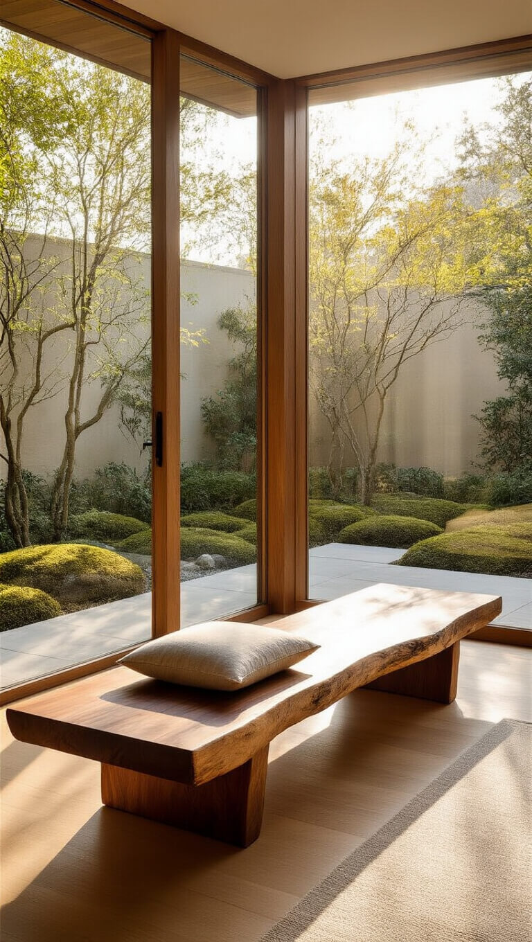 A peaceful meditation corner with a live-edge walnut bench facing floor-to-ceiling windows and a zen garden, bathed in golden hour light.