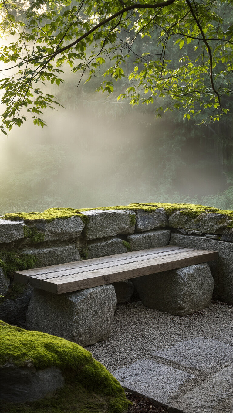 Intimate garden alcove with a stone-and-wood bench amid morning mist and maple branches, shot from an elevated angle in muted tones.