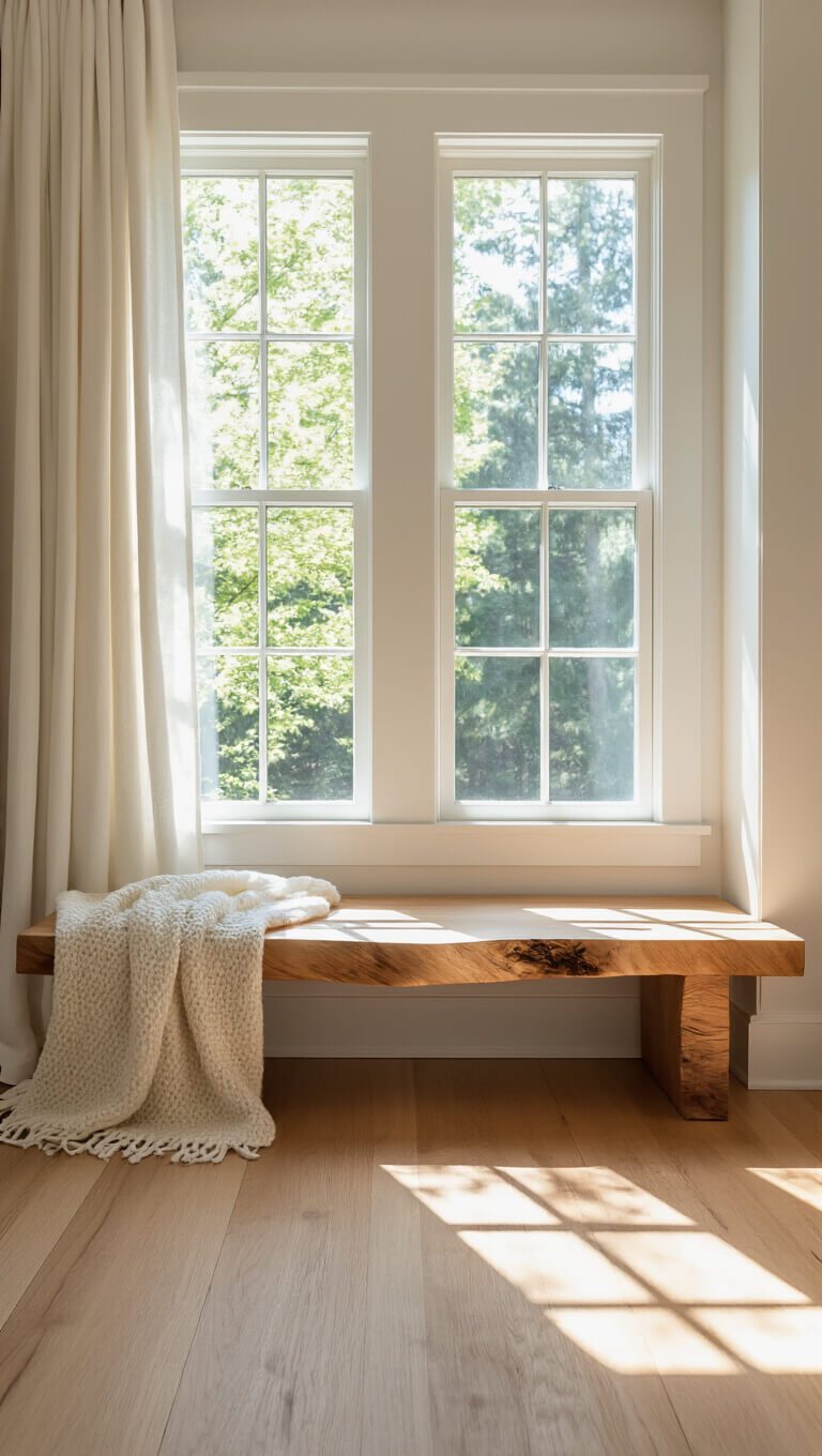 Minimalist bedroom reading nook with floating live-edge maple bench beneath large windows, dappled light on white oak floors, and cream wool throw.