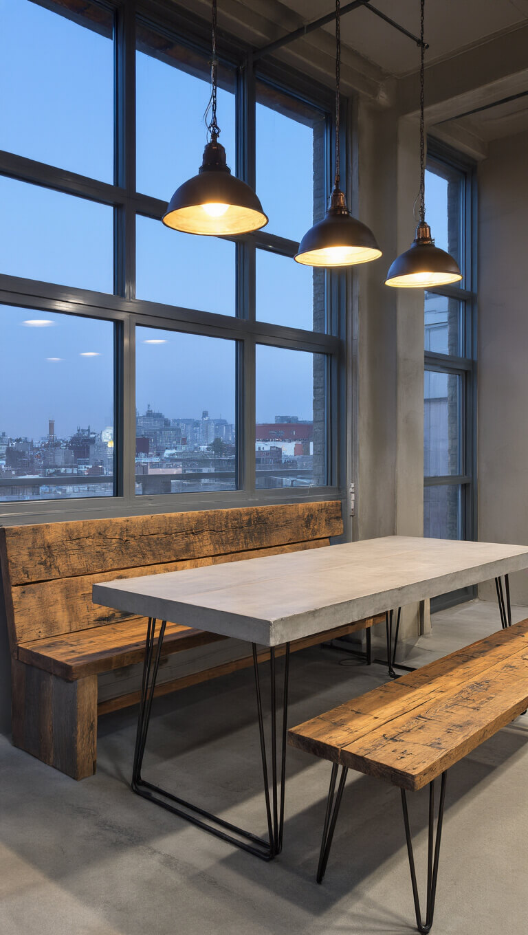 Contemporary dining space with reclaimed pine bench, concrete table, and industrial pendant lighting during blue hour.