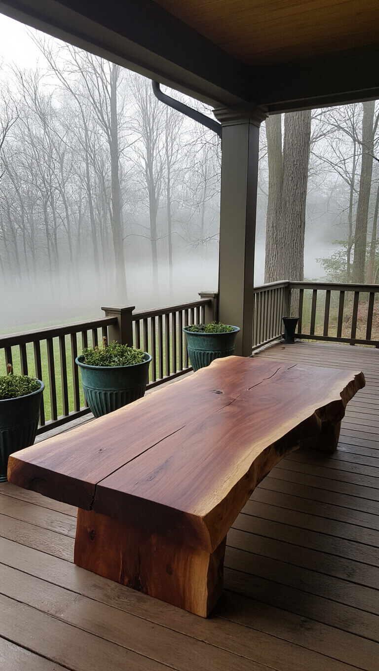 Wide-angle view of a moody 8x12ft porch featuring a large black walnut slab bench with visible checking and butterfly joints, framed by vintage zinc planters amid morning fog.