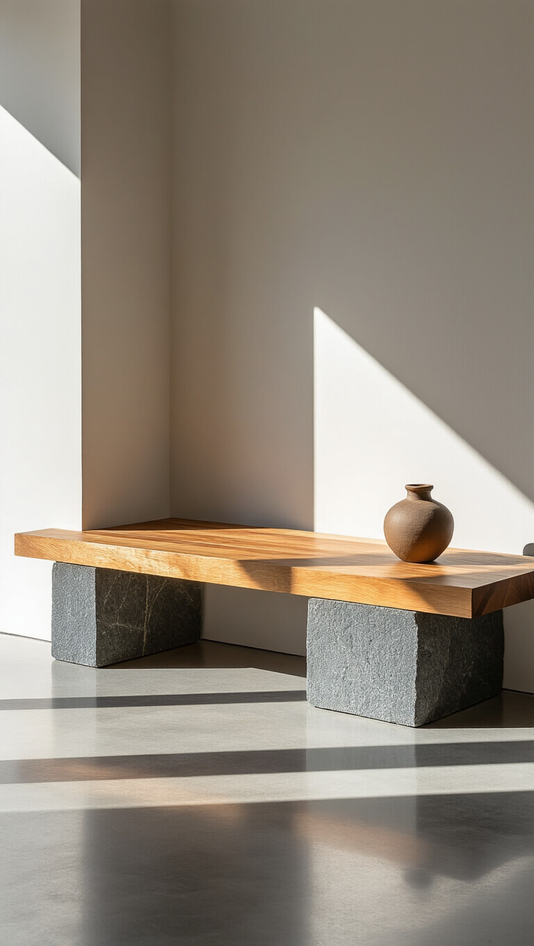 Minimalist 15x15ft living room corner with geometric basalt and cedar bench casting long shadows on polished concrete, ceramic vessel centered, viewed from low 45-degree angle.