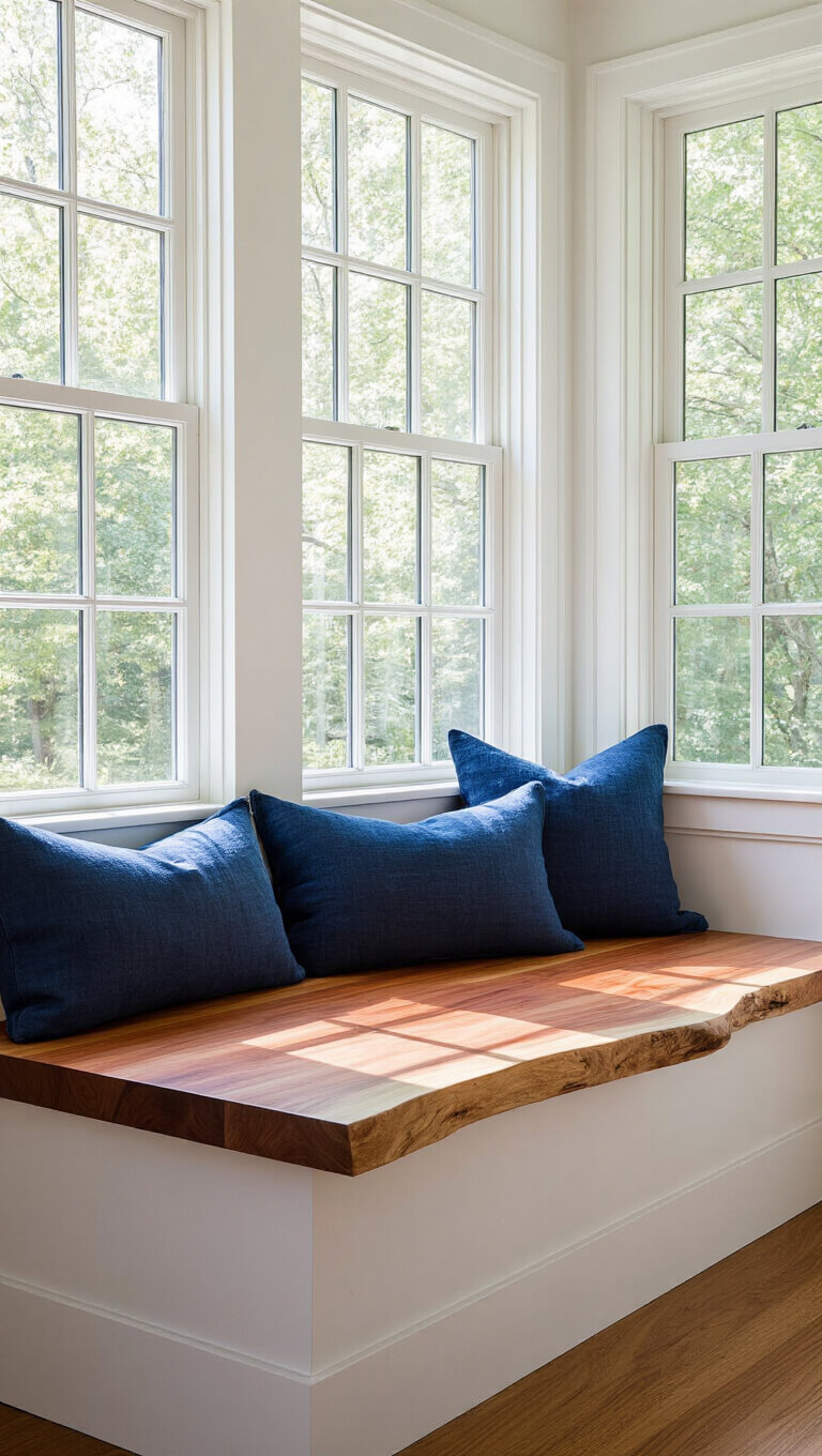 Breakfast nook with floating cherry bench, indigo cushions, and morning light highlighting wood grain against white walls.