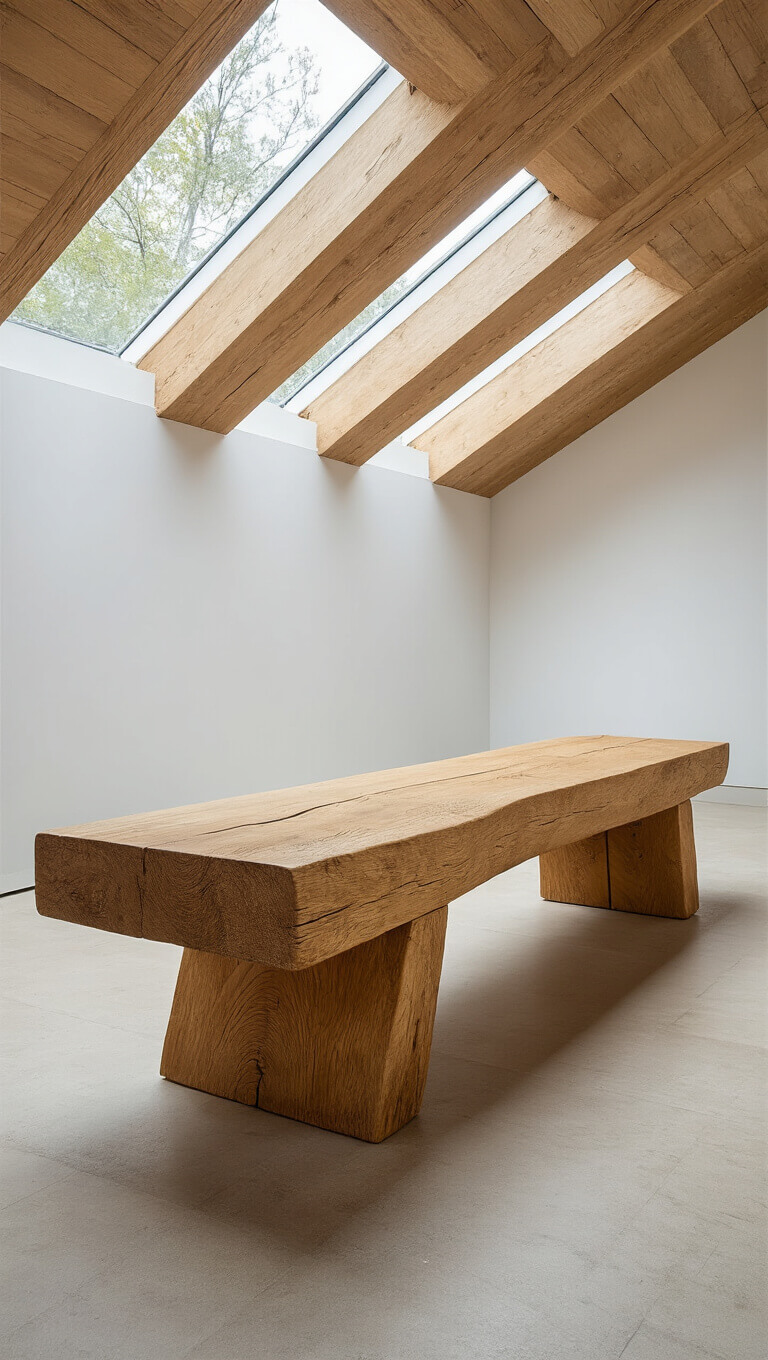 Wide shot of a 16x20ft gallery with a large oak beam bench under dramatic skylights, highlighting wood texture and architectural scale.