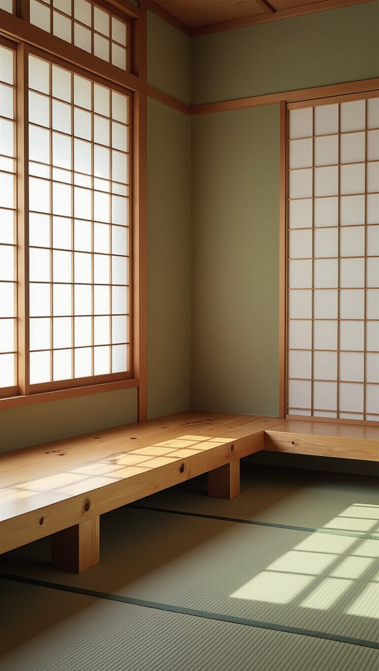 Low-angle view of a serene tatami room corner with a floating hinoki cypress bench, soft morning light streaming through shoji screens, highlighting natural wood grain and zen simplicity.