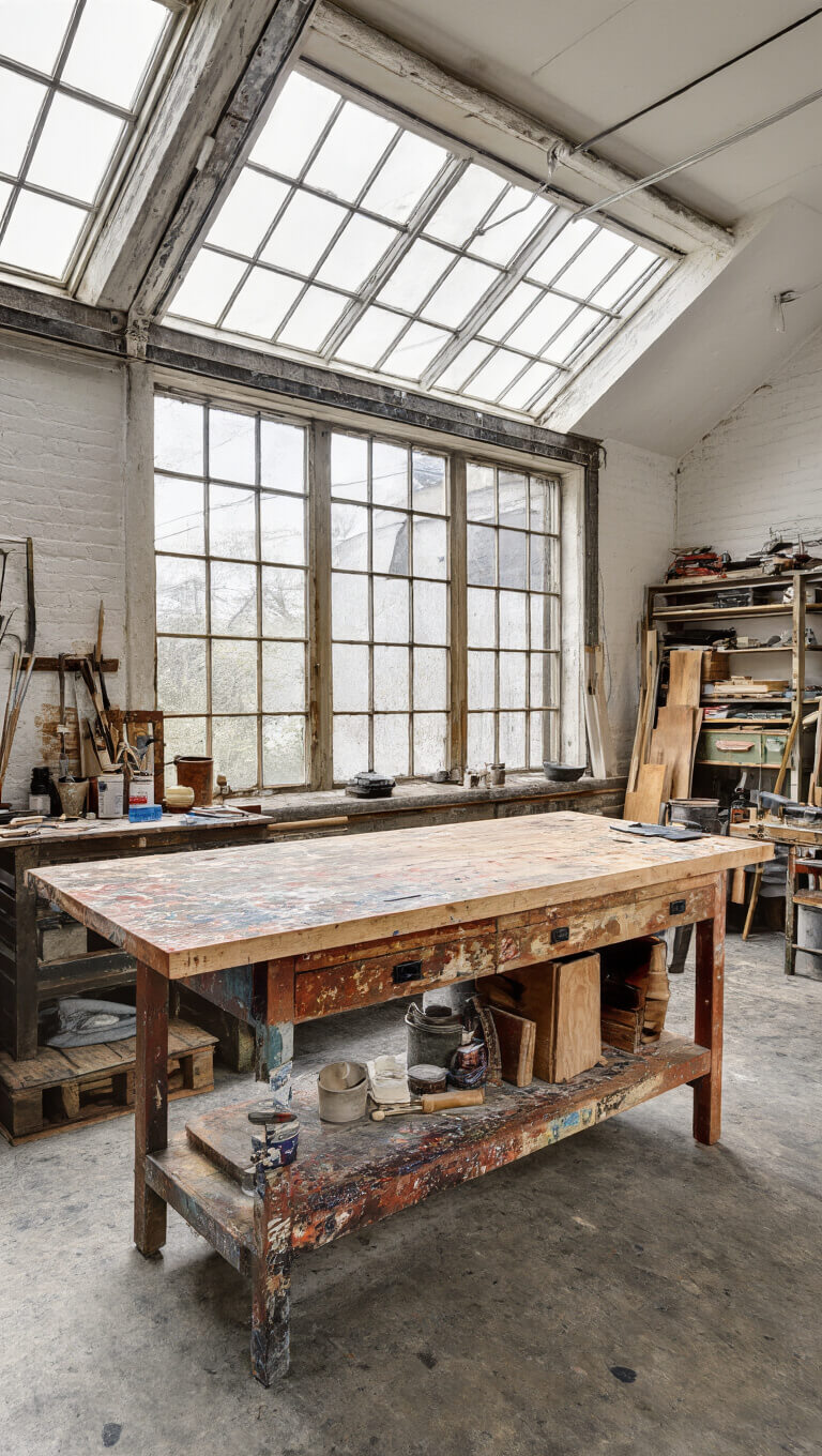 Artist's studio with distressed maple workbench, paint-splattered and well-used, lit by north-facing clerestory windows; tools neatly arranged, showcasing a warm industrial aesthetic.