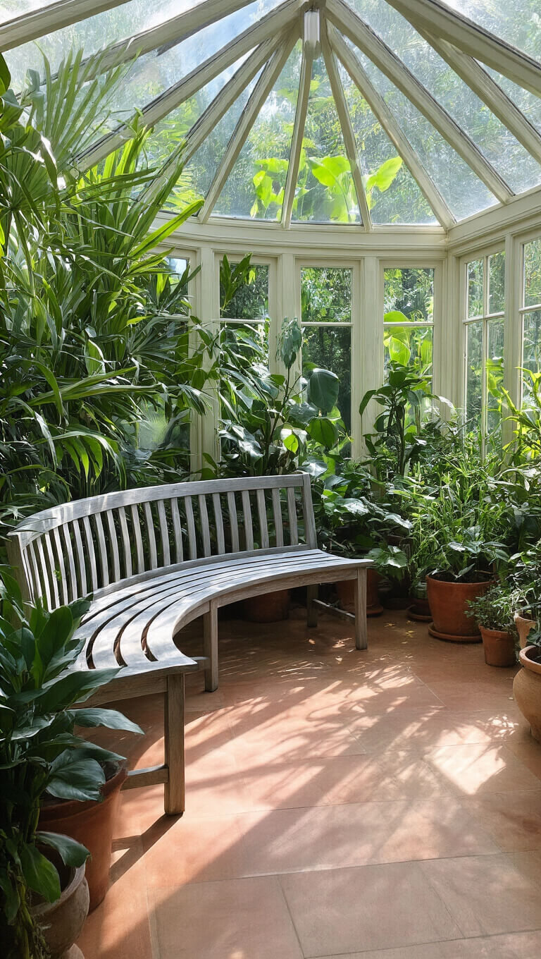 Curved teak meditation bench with silver patina in 10x14ft garden conservatory, surrounded by tropical plants and dynamic sunlight patterns.
