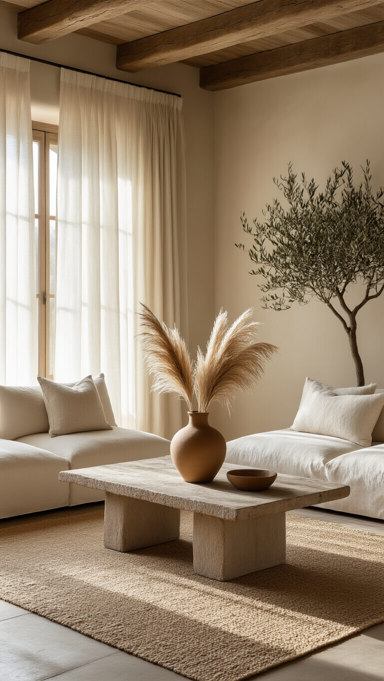 Sunlit living room with linen sofa, ceramic vase on rustic table, olive tree in corner, and textured ivory walls at golden hour.