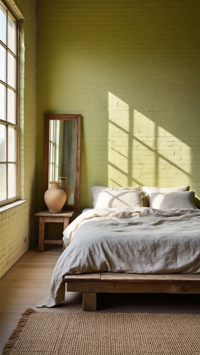 Cozy sunlit bedroom with rustic platform bed, exposed brick wall, and vintage decor in natural textures.