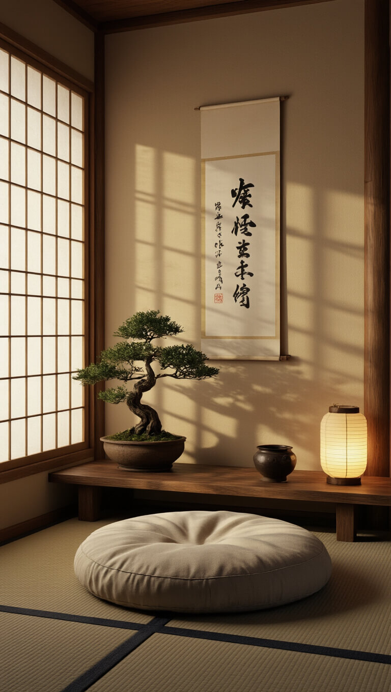 A serene 8x10ft meditation corner at dusk with soft shoji light, worn silk zabuton, kintsugi-repaired tea bowl on low table, faded calligraphy scroll, and wabi-sabi bonsai in peaceful ambiance.