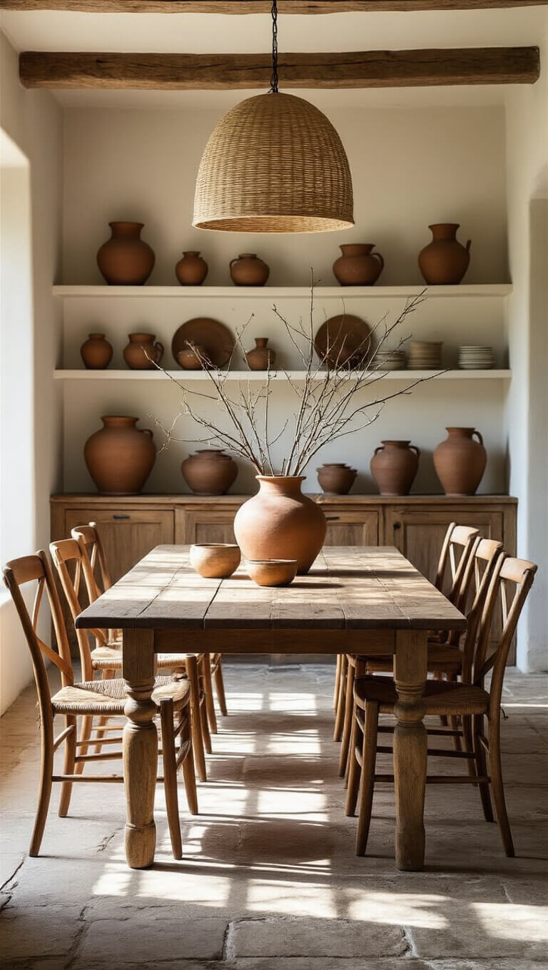 Sunlit dining room with rustic farmhouse table, vintage chairs, handmade pottery on shelves, large clay vessel with dried branches, and natural pendant lighting over worn stone floors.
