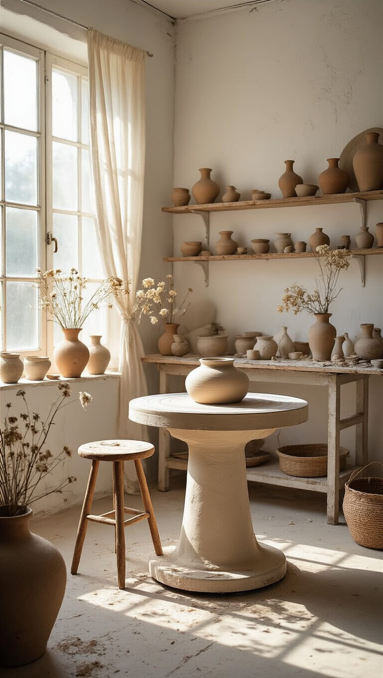 Sunlit artist's studio with pottery wheel, textured white walls, handmade vases, and floor-to-ceiling windows with sheer curtains.