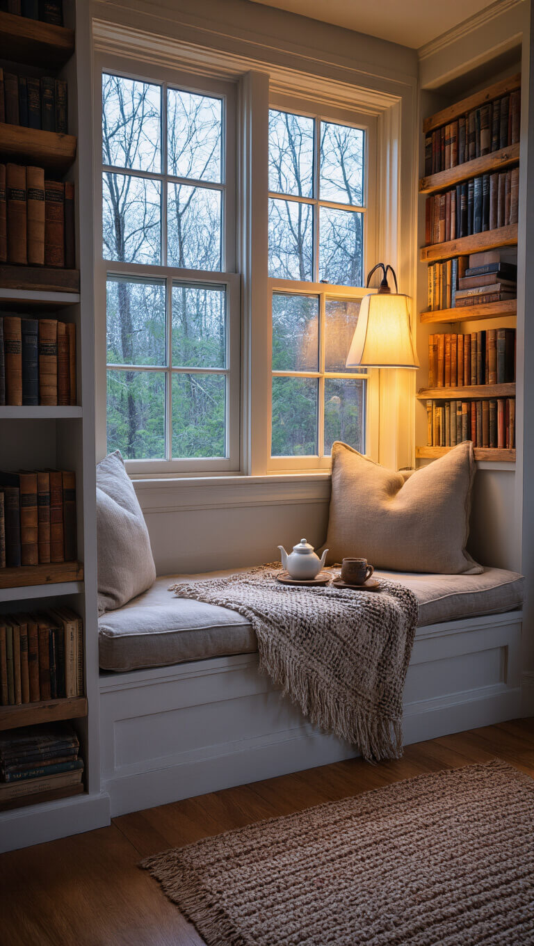 Cozy 9x11ft twilight reading nook with linen-cushioned window seat, reclaimed wood shelves of worn books, mended throw, crazed ceramic tea set, and vintage floor lamp casting warm light.