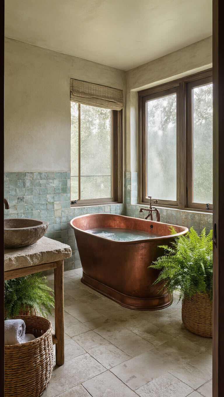 Spa-like bathroom at dawn with patinated copper tub, stone sink, handmade tiles, reed baskets, potted ferns, and frosted windows.