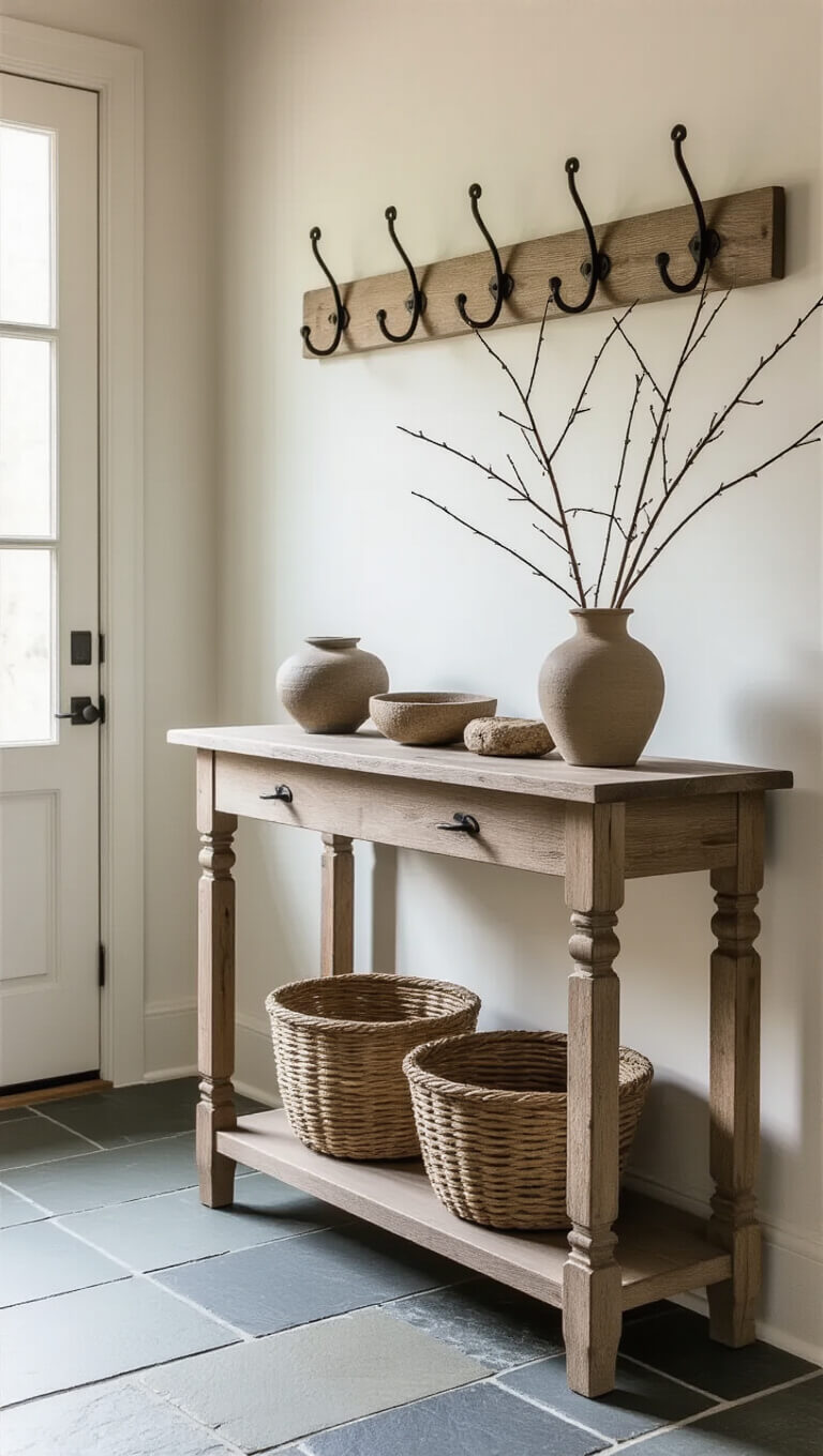 10x12ft entryway in soft morning light with slate flooring, weathered oak console table displaying natural objects, iron hooks, woven basket, and ceramic vessel with seasonal branches.