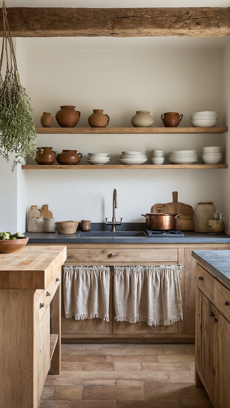 Minimalist 13x15ft kitchen with open reclaimed wood shelving, handmade pottery, aged copper cookware, soapstone counters, dried herbs on exposed beams, worn butcher block island, and handwoven cabinet curtains, captured from corner showing a functional, warm, lived-in space.