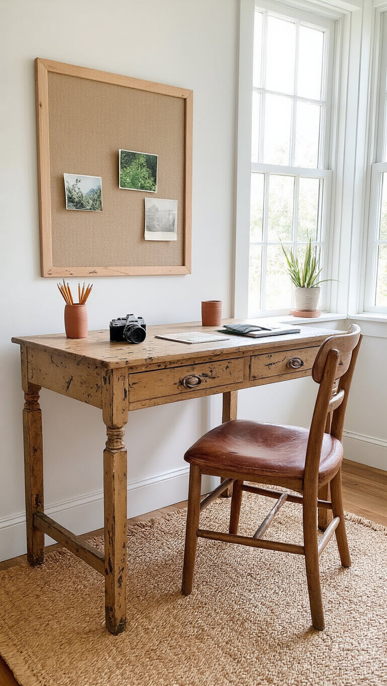 Sunlit 11x13ft home office with vintage desk, handwoven mat, clay pencil holder, linen pin board, and wooden chair with worn leather seat.