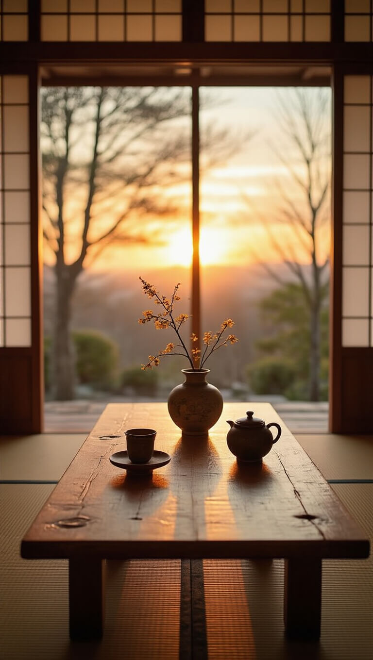 Traditional Japanese tea room with tatami mats, low wooden table, handmade ceramic tea set, and ikebana arrangement in sunset light through shoji screens.