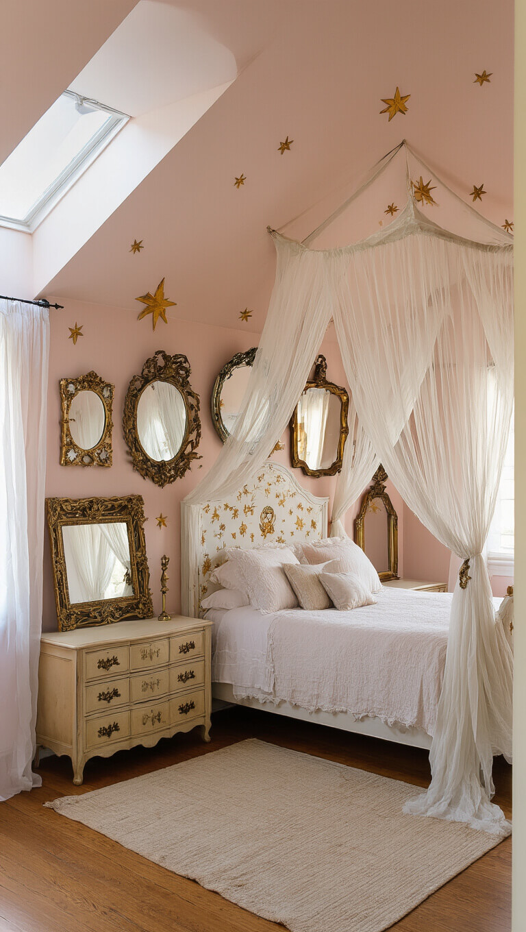 Wide-angle view of a cozy 12x14ft blush pink bedroom at dawn with pitched ceiling, canopy bed draped in tulle, vintage fairy tale mirrors on the wall, and antique dresser with brass dragon drawer pulls.