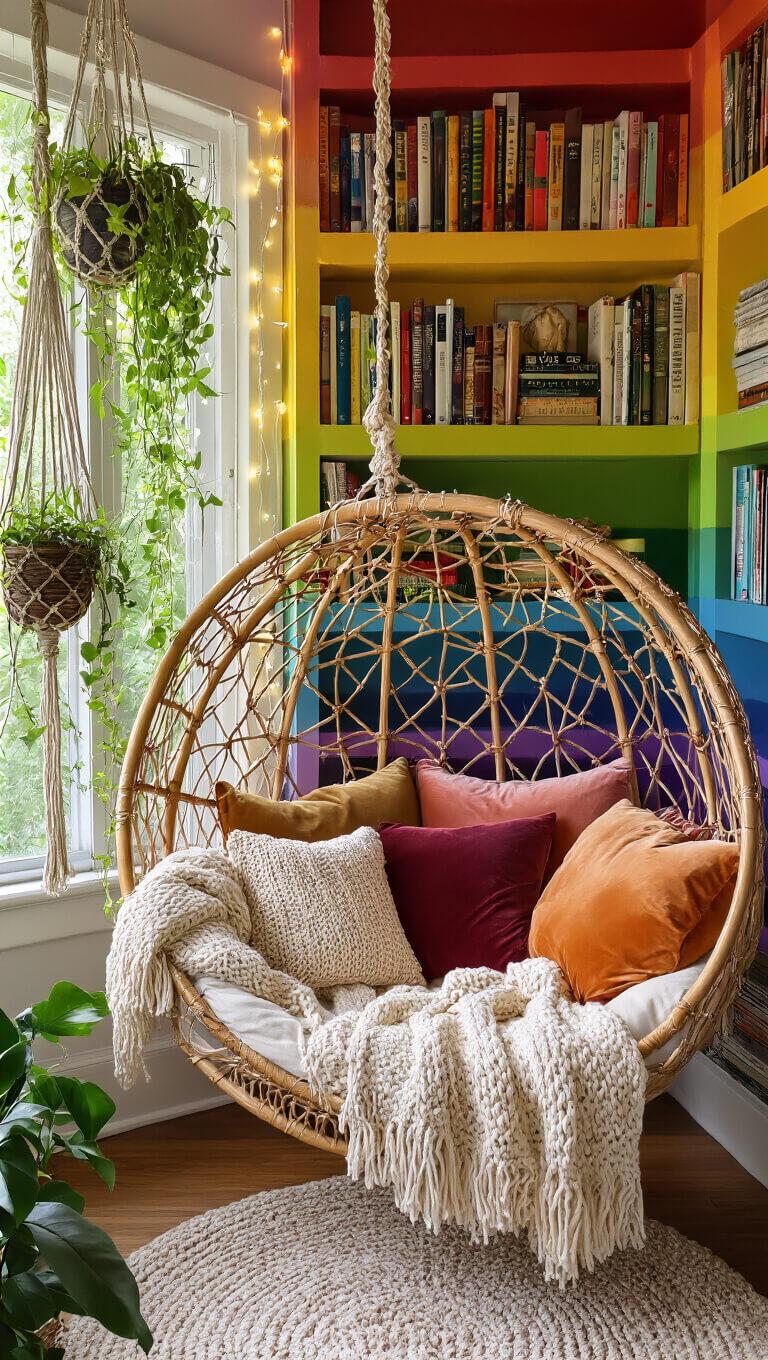 Cozy 10x12ft reading nook with rainbow bookshelves, suspended rattan chair with throws and pillows, fairy lights, and hanging plants in afternoon light.