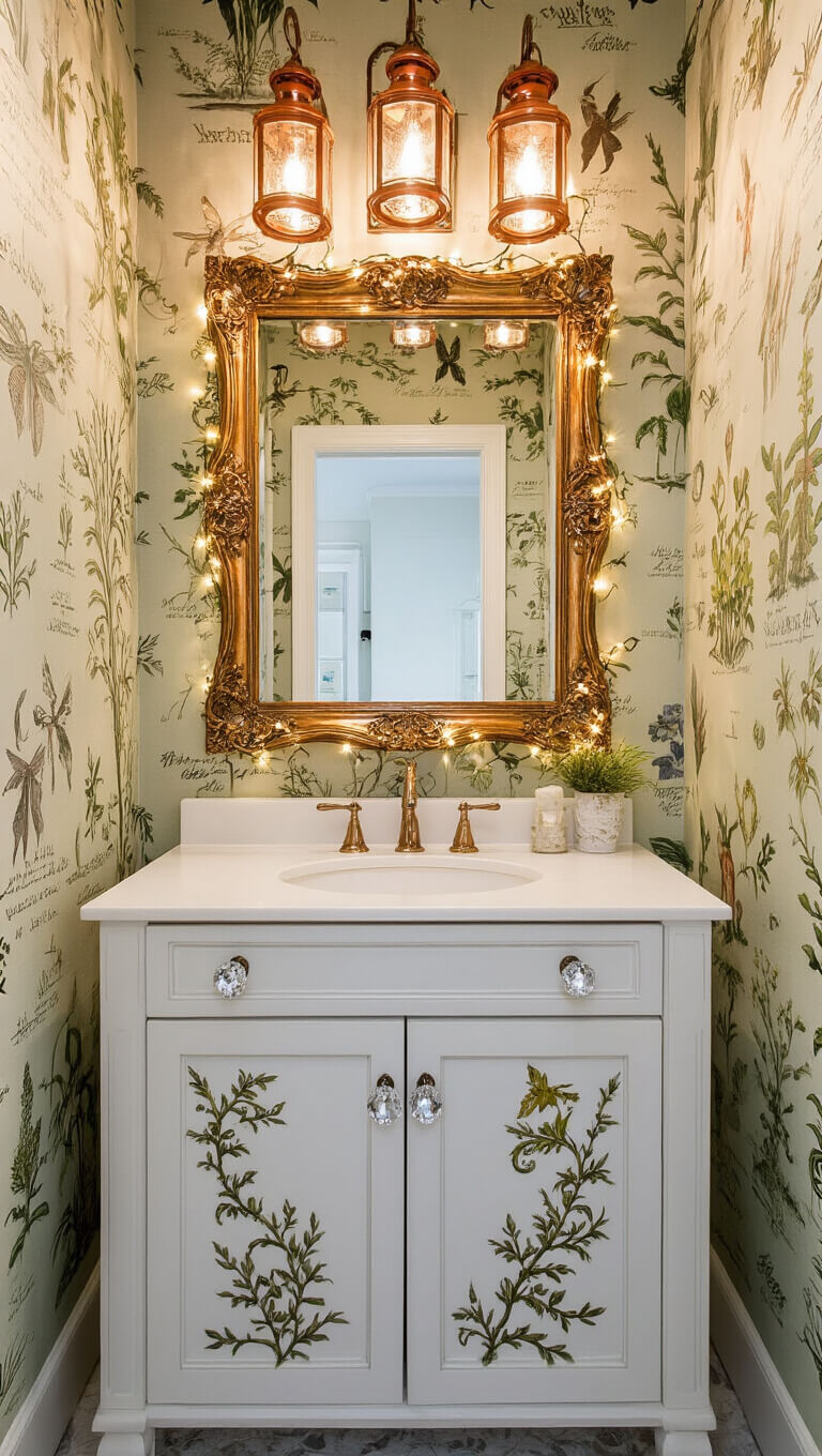 Whimsical powder room with vintage botanical walls, hidden fairies, ornate gold mirror with twinkle lights, vine-painted sink cabinet with crystal knobs, and warm copper lantern lighting.