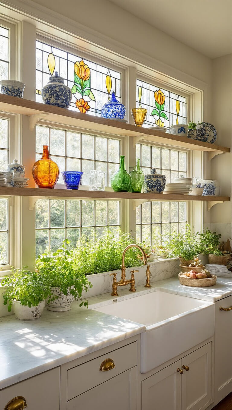 Wide-angle view of a sunlit 18x20ft garden-inspired kitchen with open shelves displaying colorful glass and ceramics, stained glass herb garden window casting hues on white marble counters, and vintage brass leaf and flower hardware.