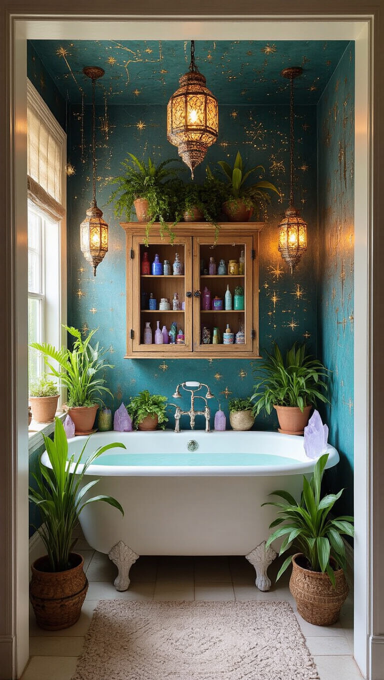 Dreamy main bathroom with clawfoot tub, lush plants, crystal clusters, Moroccan lanterns casting patterns on constellation-painted walls, and vintage apothecary cabinet with colorful jars.