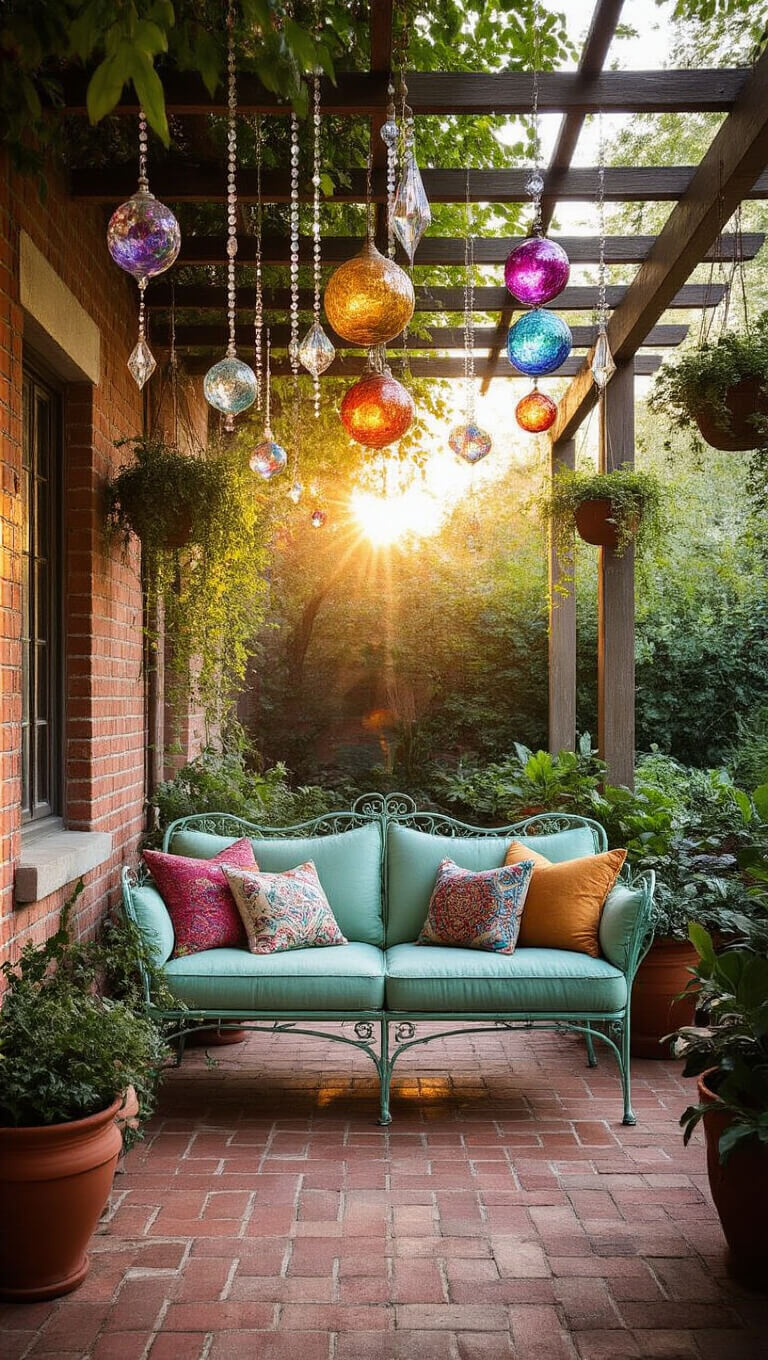 Low-angle view of a sunlit patio with a mint-green vintage loveseat, colorful cushions, hanging prisms and orbs, and whimsical potted plants, all glowing in golden hour light.