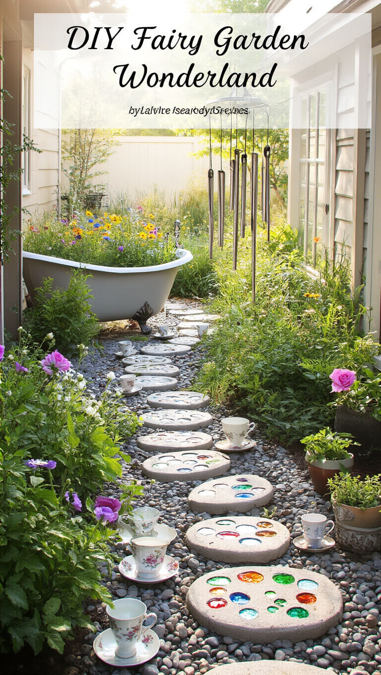 Fairy garden patio with glass-embedded stepping stones, vintage teacup planters, wildflowers in a claw-foot tub, and silverware wind chimes, viewed from above in morning light.