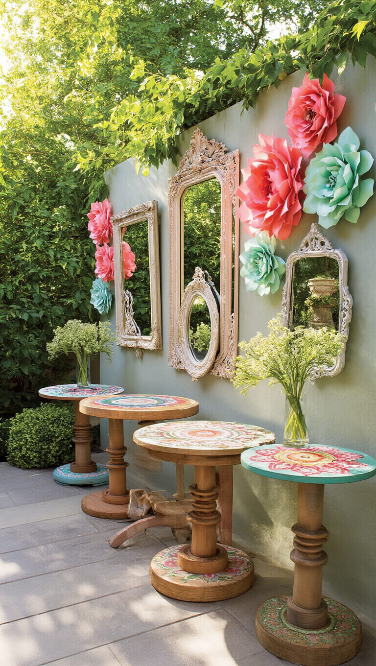 Artistic patio retreat with pastel-framed vintage mirrors, repurposed wooden spool tables with mandala designs, and oversized coral and mint paper flowers, illuminated by dramatic mid-morning sunlight.