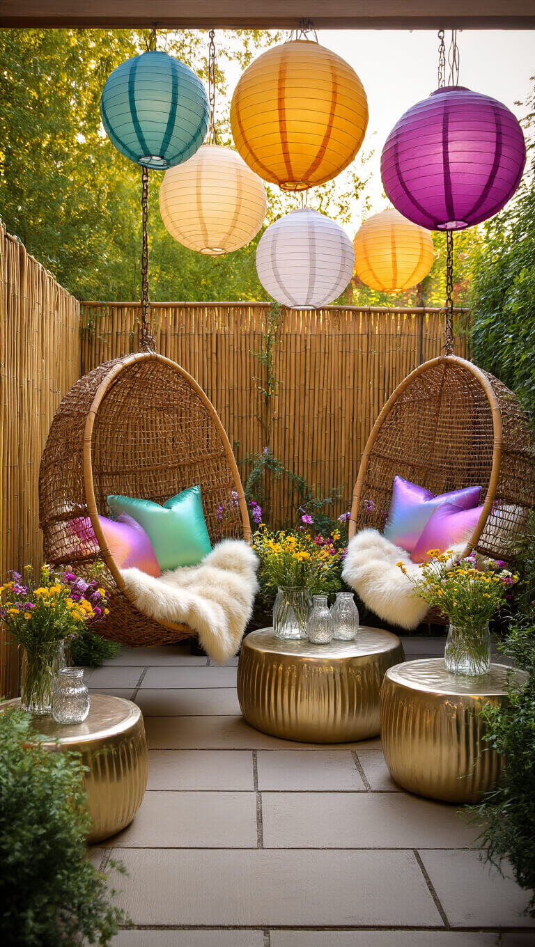 Secret garden patio with rainbow hanging chairs, wildflower vases on metallic tables, and glowing lanterns at golden hour.