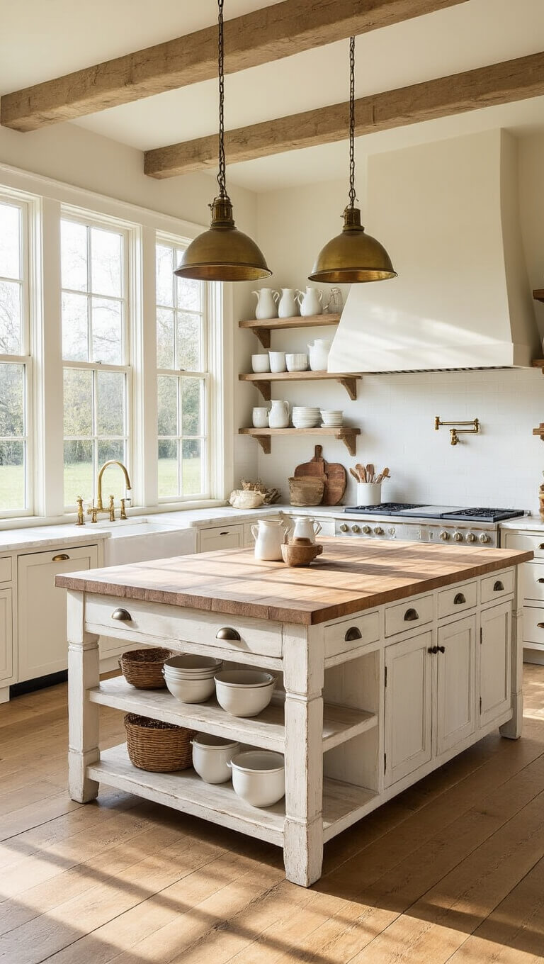 Photorealistic farmhouse kitchen with wide-plank oak floors, distressed white island, and warm morning light streaming through large windows.