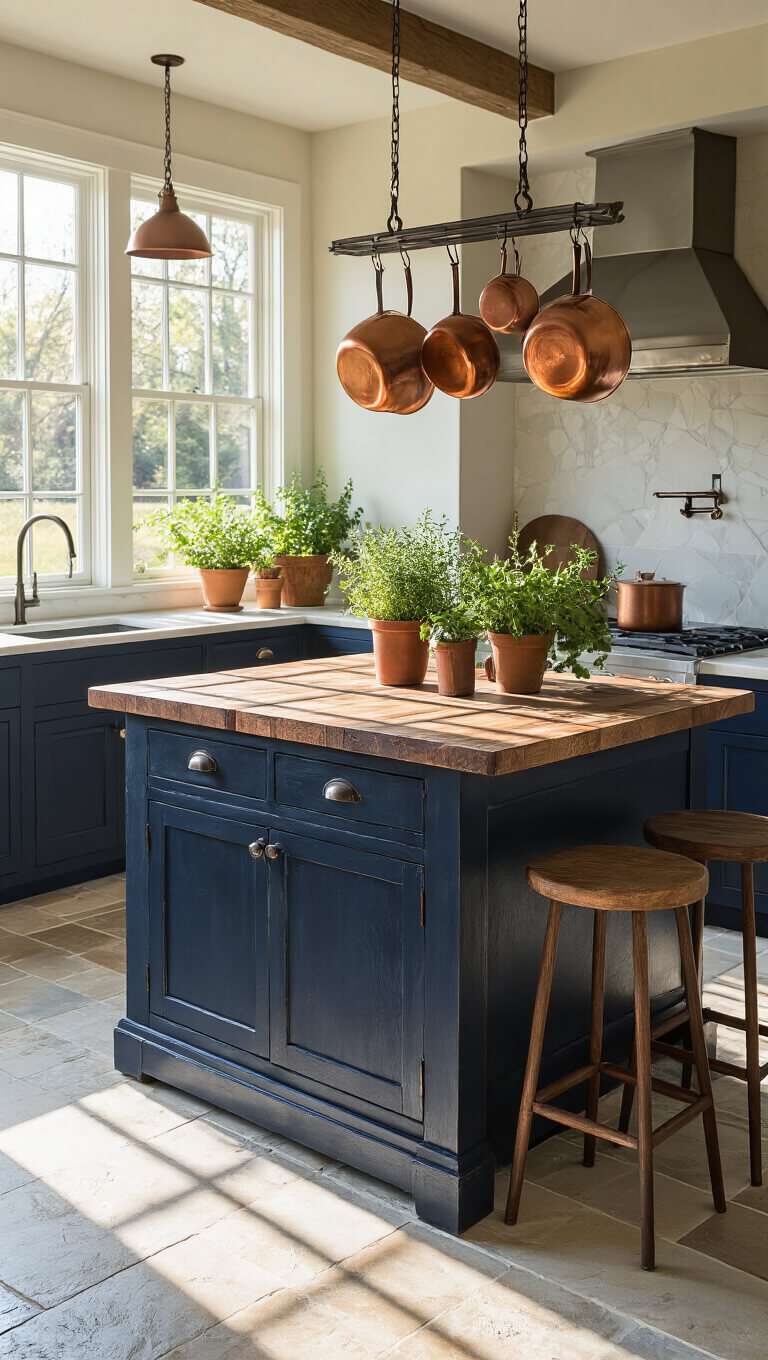 Cozy 12x12ft kitchen corner with navy rolling farmhouse island, reclaimed wood top, copper cookware, and fresh herbs, bathed in warm afternoon light on marble tile floor.