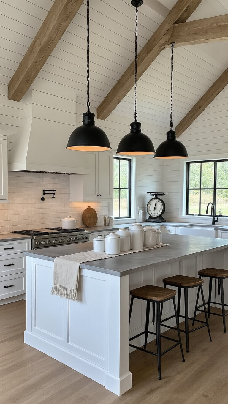 Modern farmhouse kitchen with cathedral ceilings, exposed beams, centered 8ft island featuring white shiplap and gray limestone countertop, black pendant lights, and warm early evening ambient lighting.