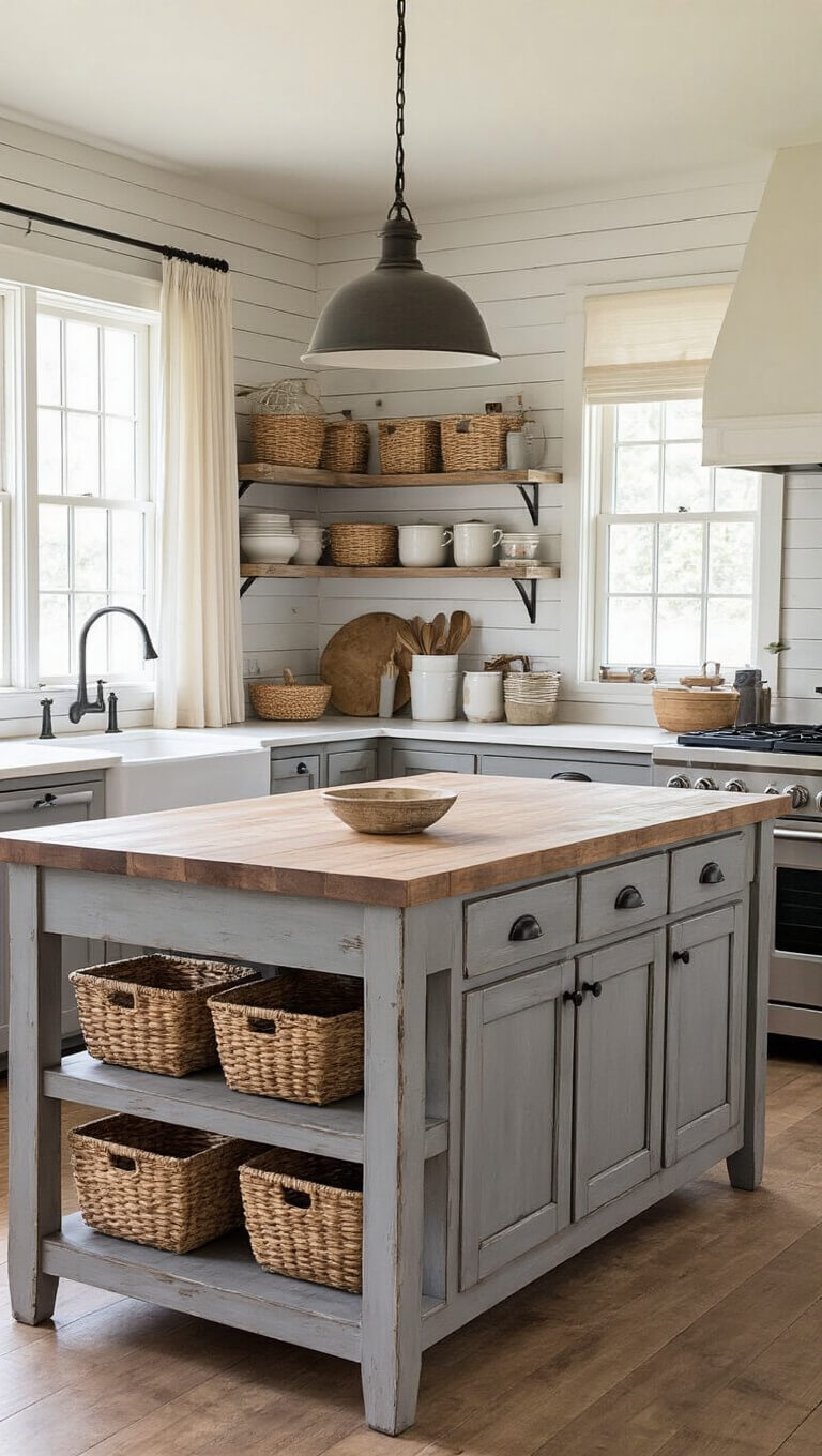 Rustic 14x16ft kitchen with L-shaped farmhouse island, butcher block top, open shelving with baskets and enamelware, in soft natural light.