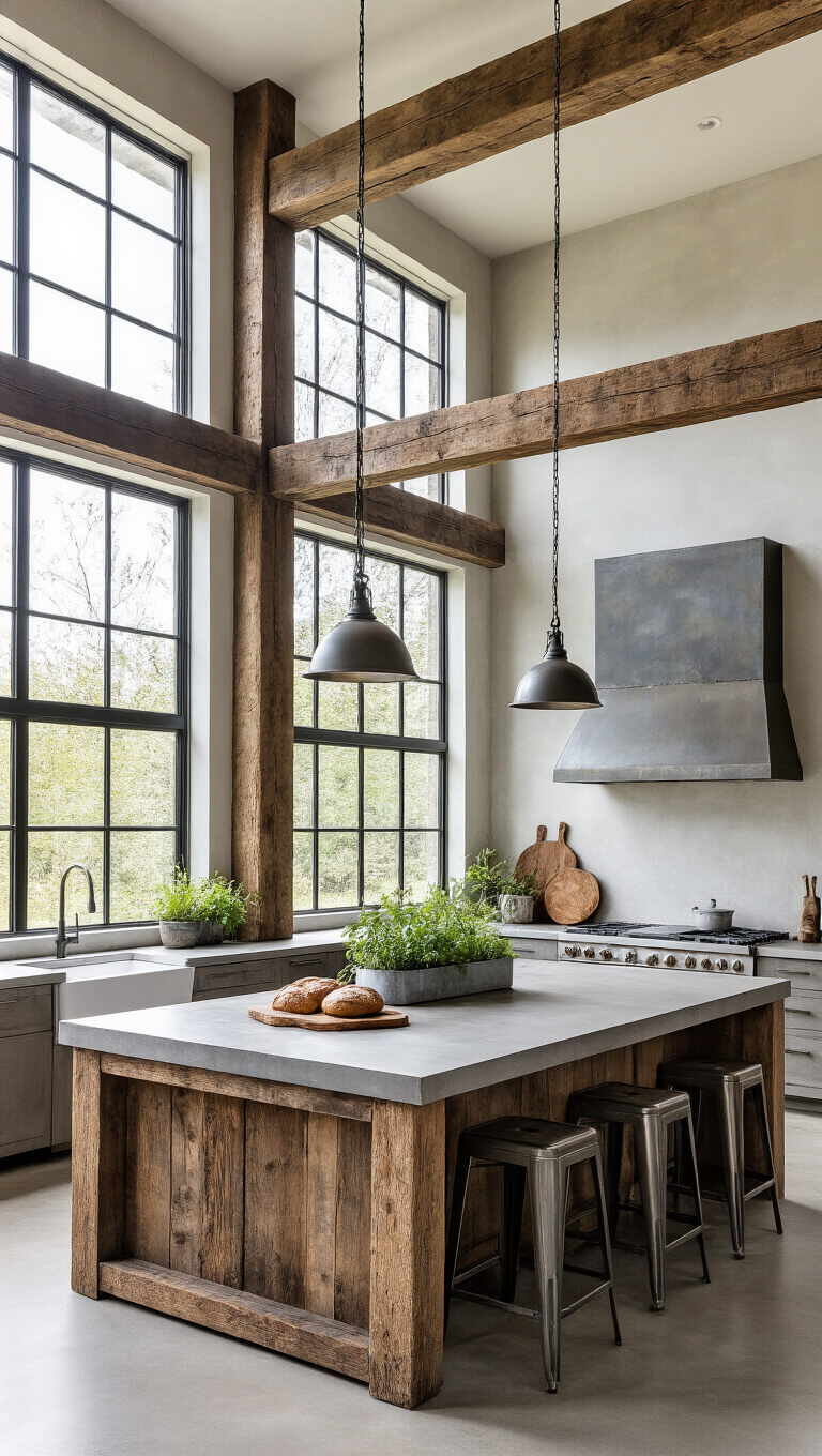 Overhead view of a bright open-concept kitchen with a large reclaimed wood and concrete island, vintage accessories, and industrial barstools, lit by natural daylight through tall windows.