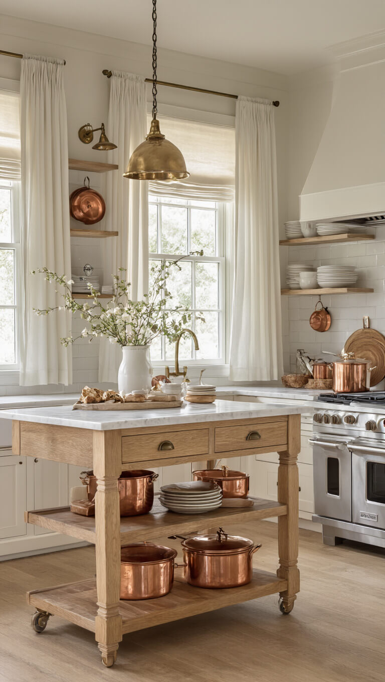 Low-angle view of compact 10x12ft kitchen with white oak and marble mobile farmhouse island, copper cookware and white ironstone on lower shelf, bathed in golden hour light through cafe curtains.