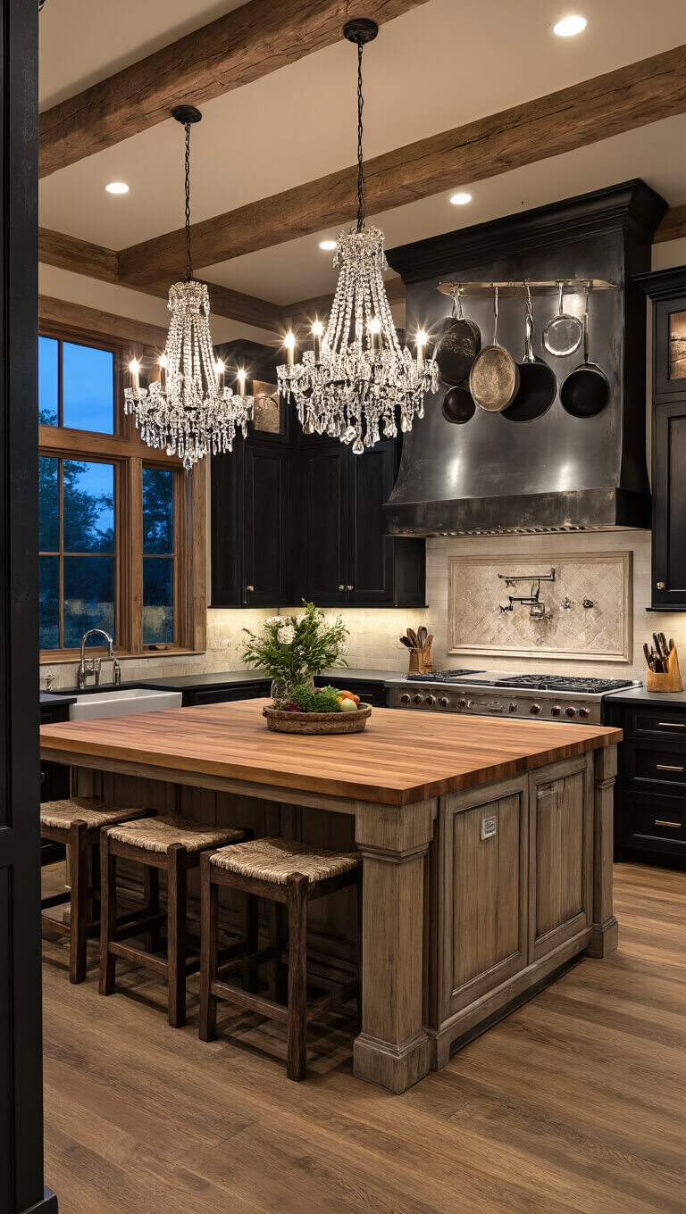 Elegant 25x30ft chef's kitchen with 10ft farmhouse island, soapstone counters, weathered pine base, chandeliers, butcher block insert, and antiqued mirror backsplash, viewed from doorway in dramatic evening lighting.