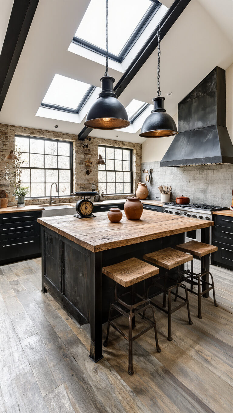 Rustic-modern 16x18ft kitchen with black steel and reclaimed oak island, skylight-lit, featuring vintage decor and industrial seating.