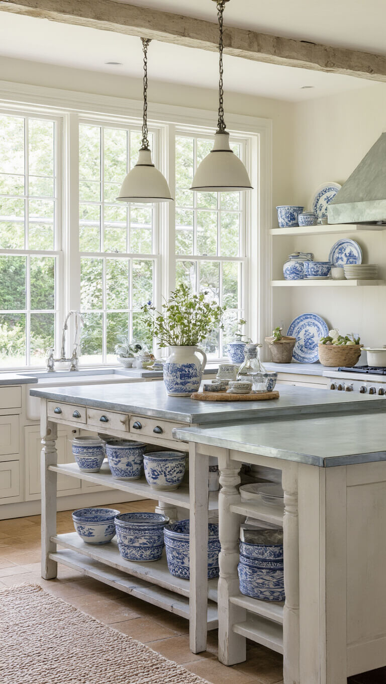 Corner view of cozy 12x14ft cottage kitchen with soft blue and cream tones, featuring a 5ft painted farmhouse island with aged zinc top, open shelving displaying blue and white transferware, and dappled garden light through windows.