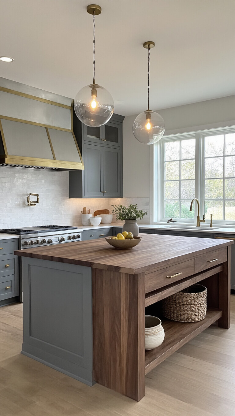 Contemporary 22x20ft kitchen with gray and walnut two-tier farmhouse island, globe pendant lights, ceramic decor, and brass accents in warm evening lighting.