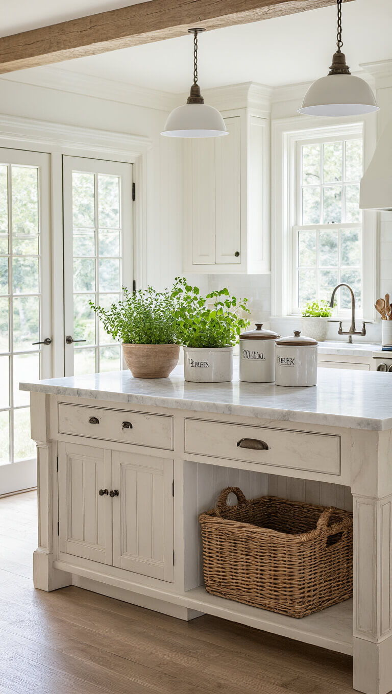 Bright, sunlit kitchen with marble-topped farmhouse island, antique canisters, potted herbs, and French doors streaming morning light.