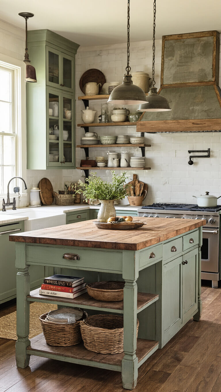Eclectic 18x16ft kitchen with sage green cabinets, 7ft farmhouse island with salvaged wood top, vintage kitchenware on lower shelves, bathed in warm late afternoon light.