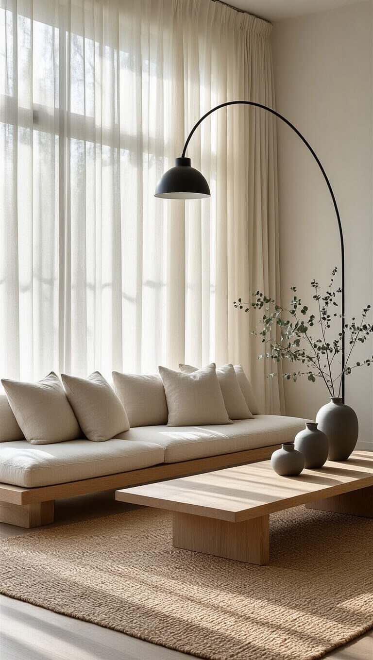 Serene minimalist living room with oak platform sofa, floor-to-ceiling windows, sheer curtains, and soft morning light casting gentle shadows.