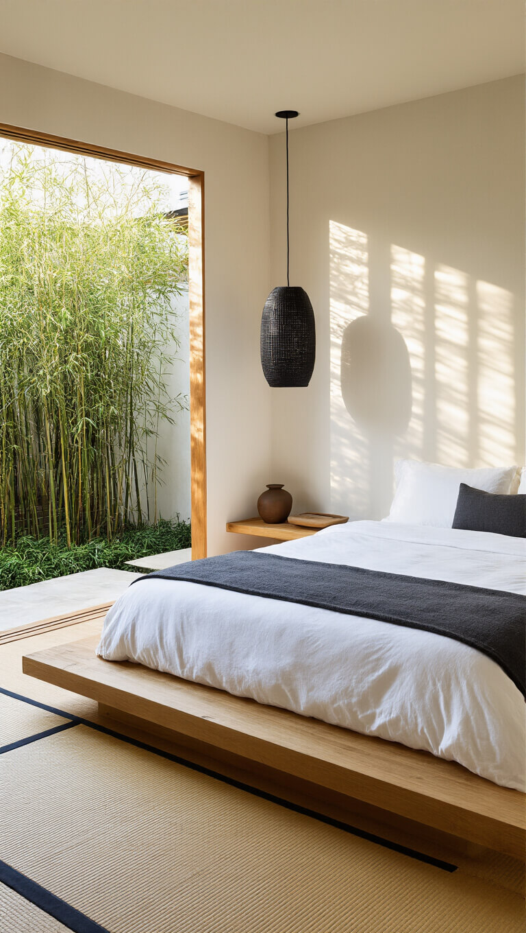 Tranquil master bedroom with shoji screens opening to bamboo garden, golden hour light casting warm shadows on white plaster walls, teak platform bed with white linens, tatami mat flooring, and black stone pendant light.
