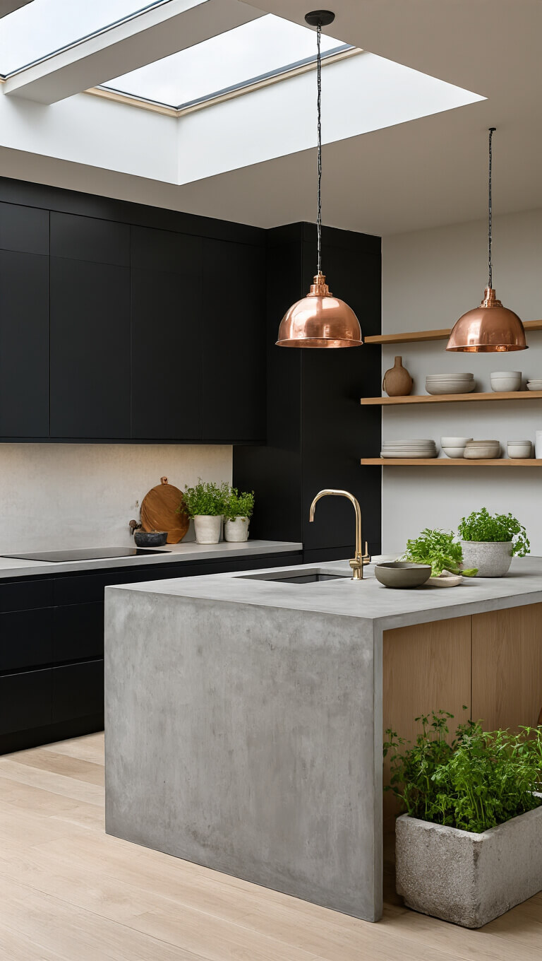 Modern kitchen with 10ft concrete island, matte black cabinets, pale oak shelving, copper pendant lights, and skylights illuminating ceramic dishware and stone-planter herbs.