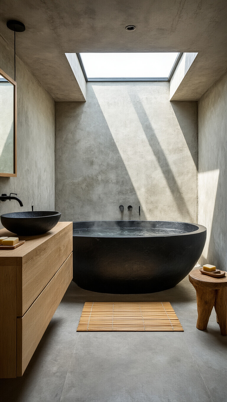 Low-angle view of a spa-like bathroom with a black stone soaking tub beneath a skylight, surrounded by textured concrete walls, bleached oak vanity, and wooden accents in soft dawn light.